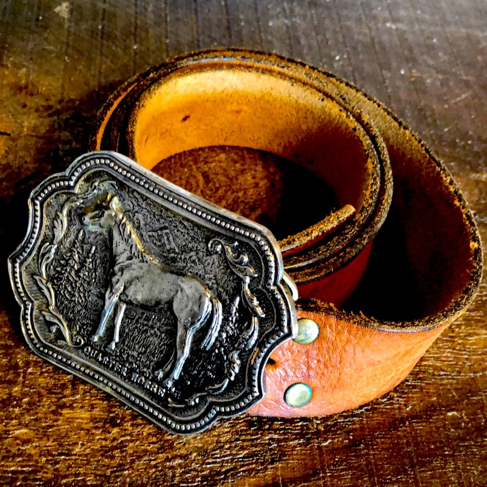 Vintage Brown Leather Belt with Silver Horse Buckle